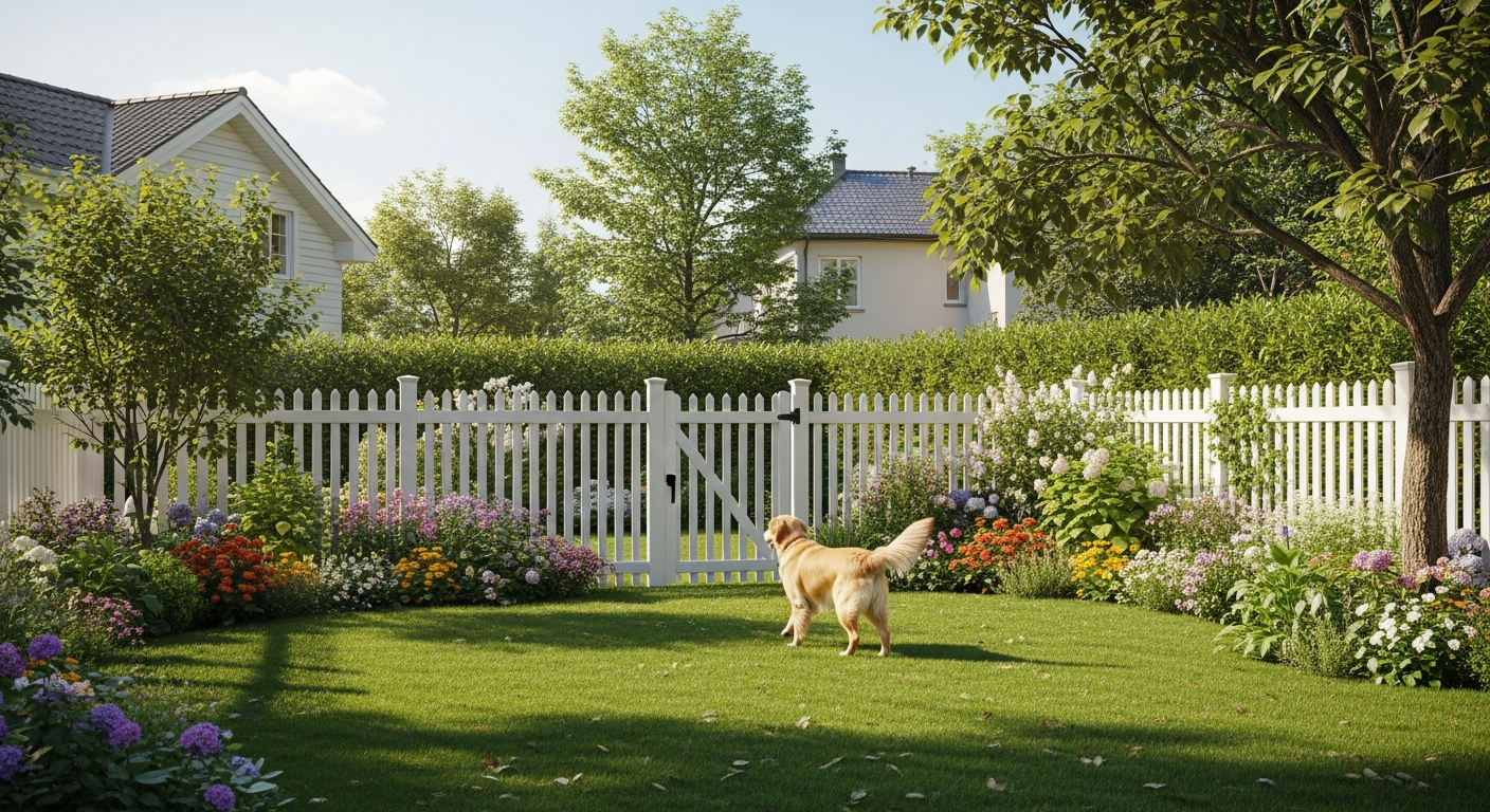 Jardin sécurisé avec clôture anti-fugue invisible et chien protégé