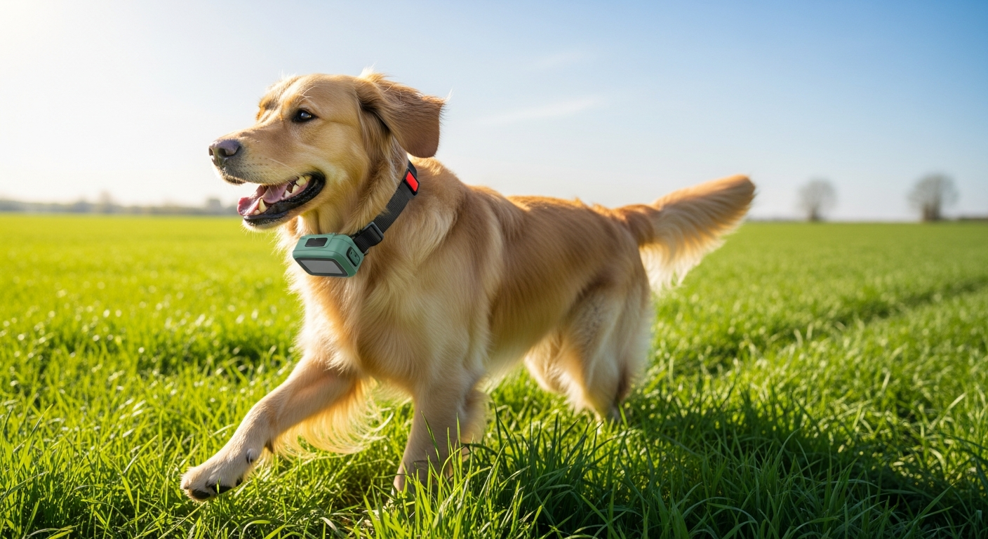 Chien avec collier GPS de suivi en temps réel courant dans un champ