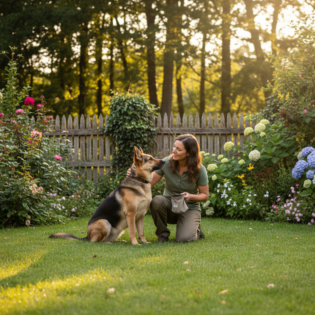 Éducateur canin comportementaliste travaillant avec un chien dans un jardin sécurisé