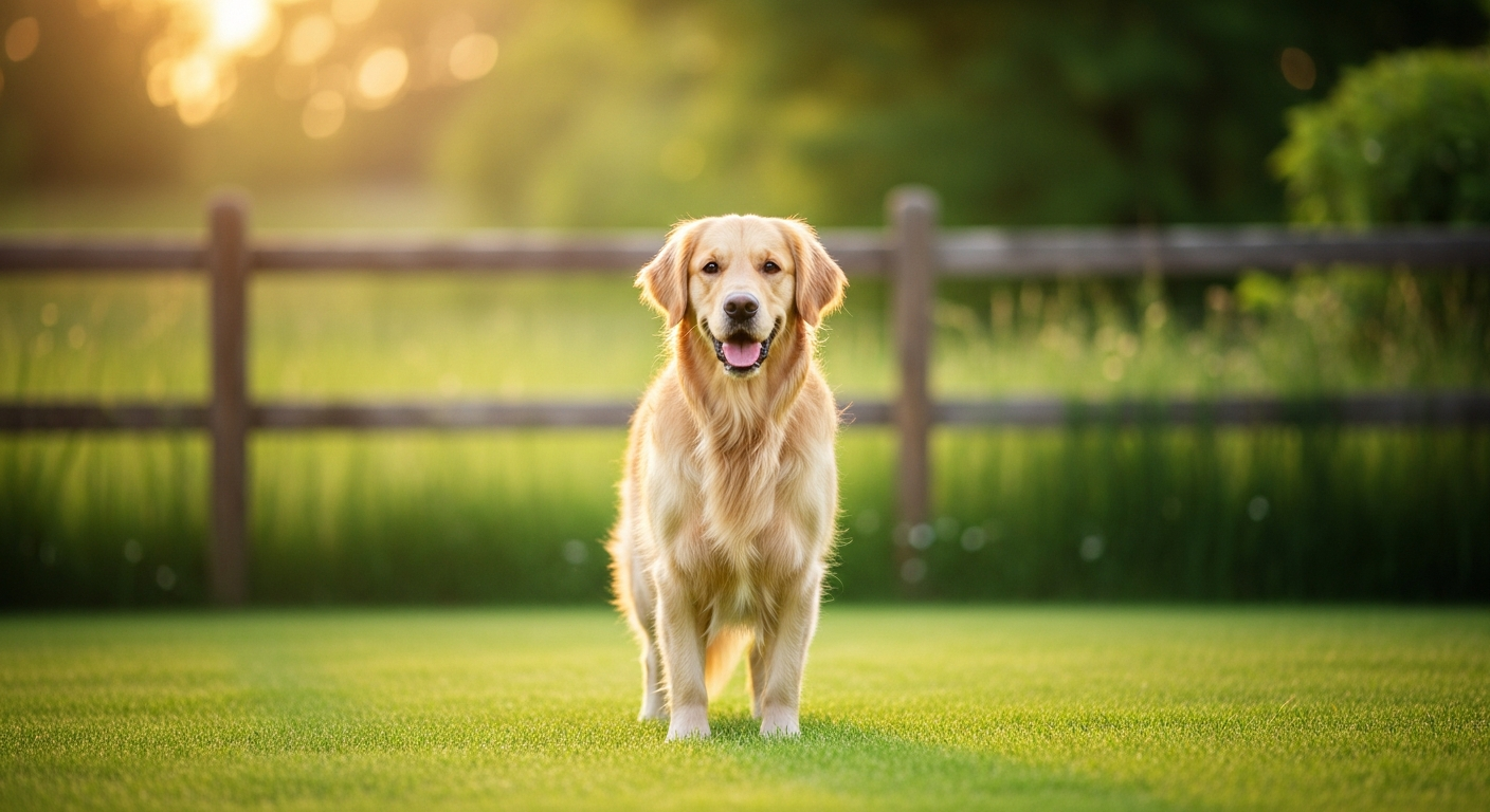 Chien heureux courant dans un jardin sécurisé au coucher du soleil