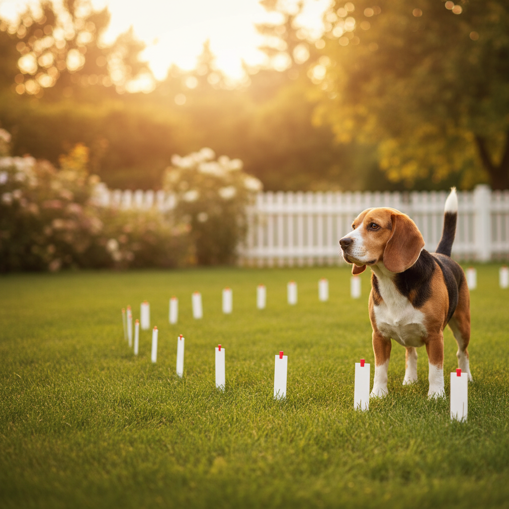 Chien devant une clôture invisible